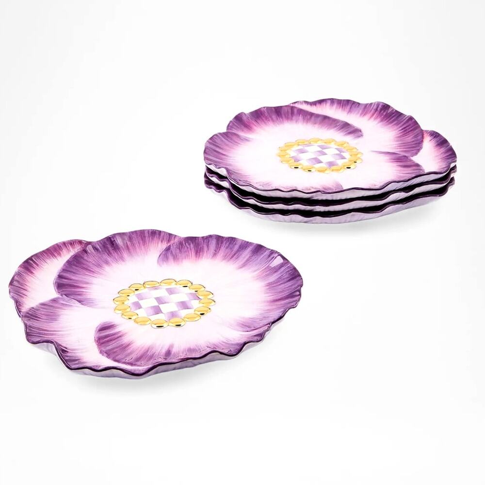 NEW Mackenzie-Childs Pansy Party Ceramic Dessert Plate Set of 4 in Original Box - Picture 2 of 5